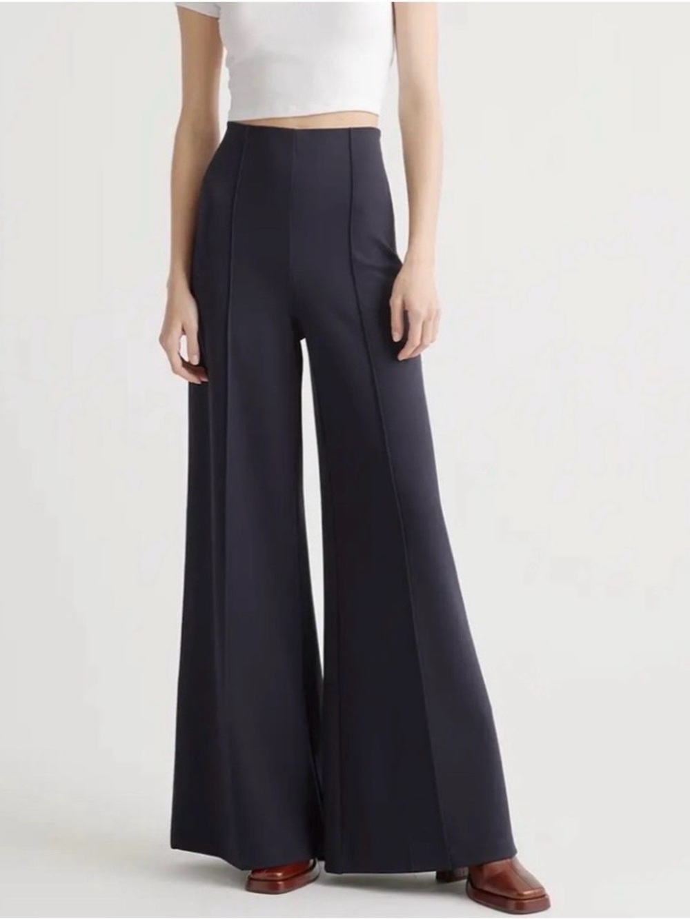 Quince Ultra-Stretch Ponte Super Wide Leg Ankle Pants Navy Blue Size M